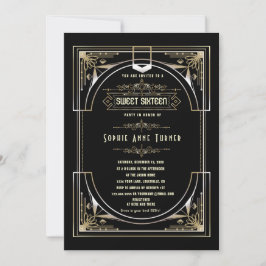 Glam Gold Black Great Gatsby 16 . Geburtstag Einladung