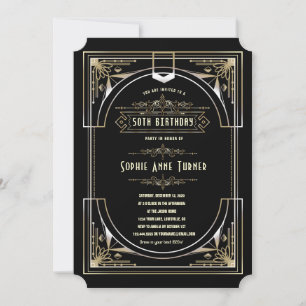 Glam Gold Black Great Gatsby Art Deco 50 Geburtsta Einladung