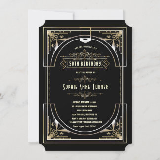 Glam Gold Black Great Gatsby Art Deco 50 Geburtsta Einladung