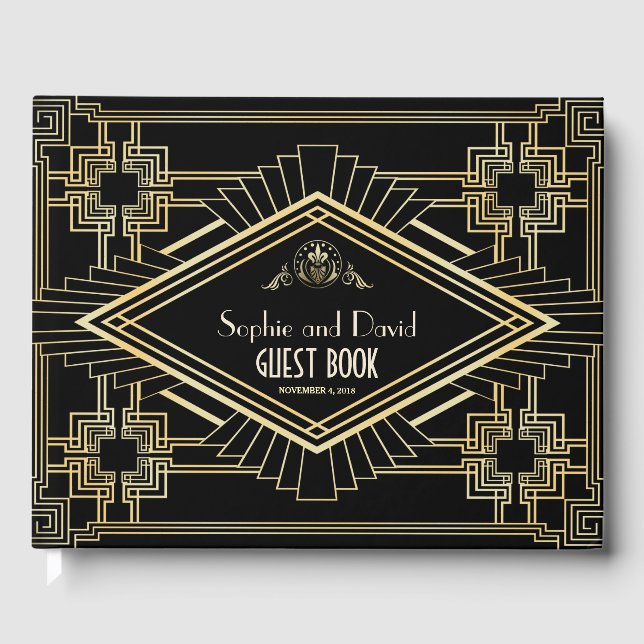 Glam Gold Black Great Gatsby Wedding Gästebuch (Vorderseite)
