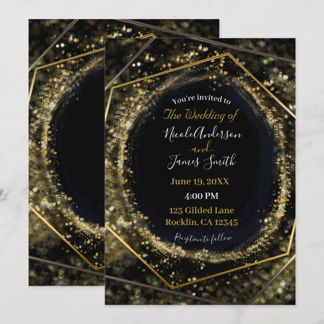 Glam Gold & Black Modern Abstrakt Glam Wedding Einladung (Vorne/Hinten)