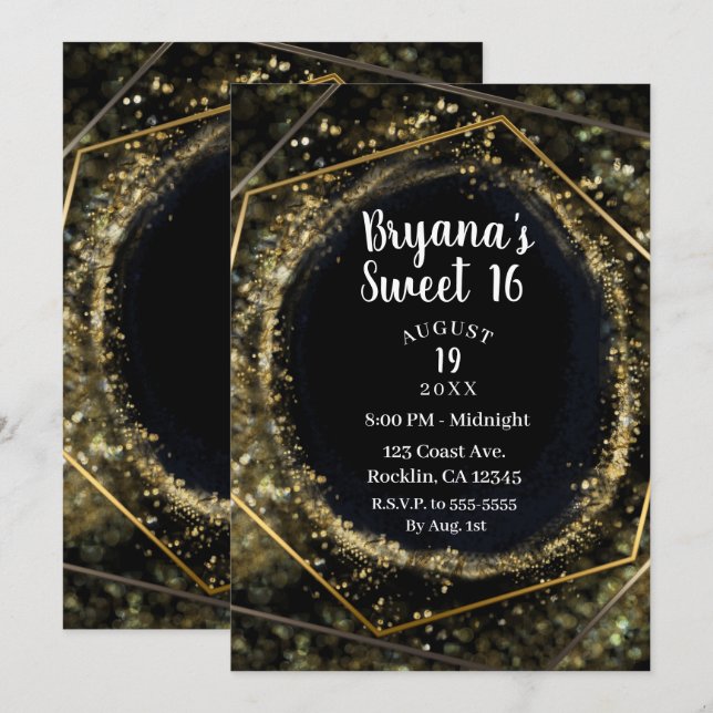 Glam Gold & Black Modernes Abstrakt Glam Sweet 16 Einladung (Vorne/Hinten)