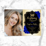 Glam Gold Black Royal Blue 50. Foto Geburtstag Einladung<br><div class="desc">Elegante florale feminine 50. Geburtstagseinladung mit Ihrem Foto. Glam-Design mit Imitat Gold. Enthält königsblaue Rose,  Skript-Schriftart und Konfetti. Ideal für ein stilvolles Party für Erwachsene. Personalisieren Sie Ihre persönlichen Daten. Kann für jedes Alter angepasst werden! Gedruckte Zazzle Einladungen oder Sofortdownload digitalen druckbaren Vorlage.</div>