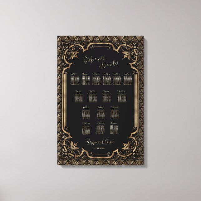 Glam Gold Black Wedding Chart Leinwanddruck (Vorderseite)