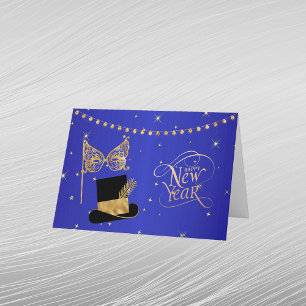 Glam Gold Blaue Masken Hut Neujahr Feiertagskarte