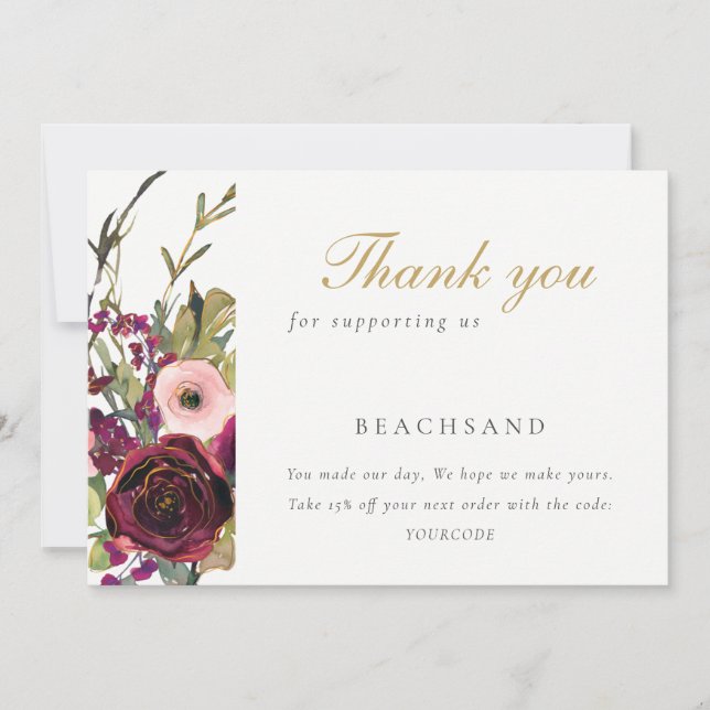 Glam Gold Blush Burgund Rose Blumengeschäft Dankeskarte (Vorderseite)
