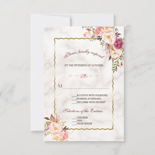 Glam Gold Blush Pink Blumenmarmor Hochzeit RSVP (Vorderseite)