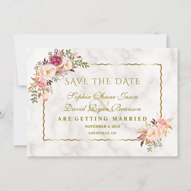 Glam Gold Blush Pink Blumenmarmor Save the Date (Vorderseite)