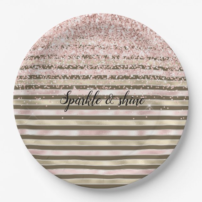 Glam Gold Blush Pink Brown Streifen Girl Glitzer Pappteller (Vorderseite)