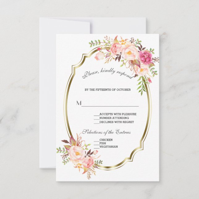 Glam Gold Blush Pink Floral Wedding RSVP Karte (Vorderseite)