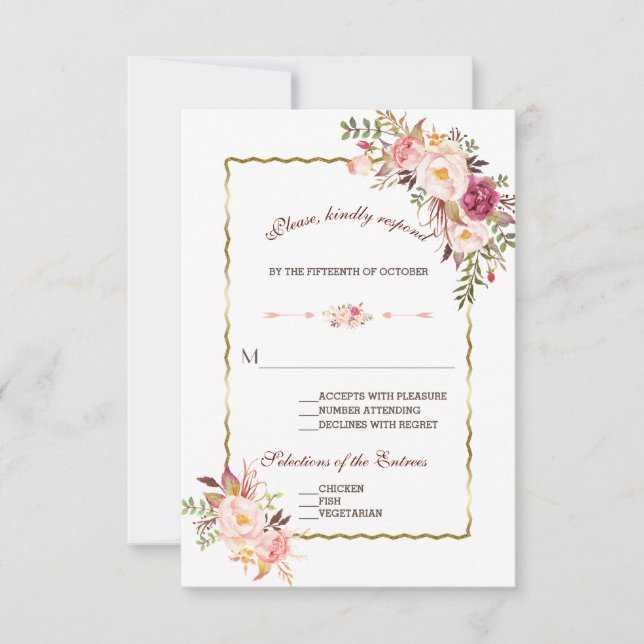 Glam Gold Blush rose rose Floral Mariage RSVP (Devant)