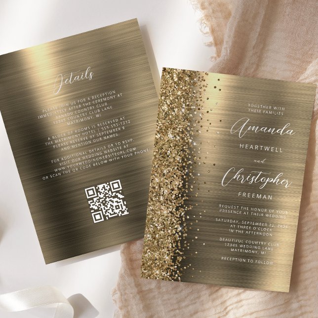 Glam Gold Brushed Metal QR Code Wedding Einladung (Von Creator hochgeladen)