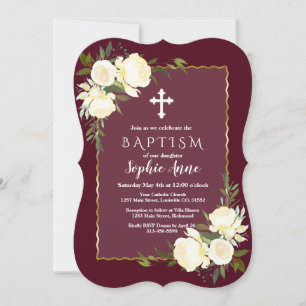 Glam Gold Burgundy Blanc Floral Baptism Invitation
