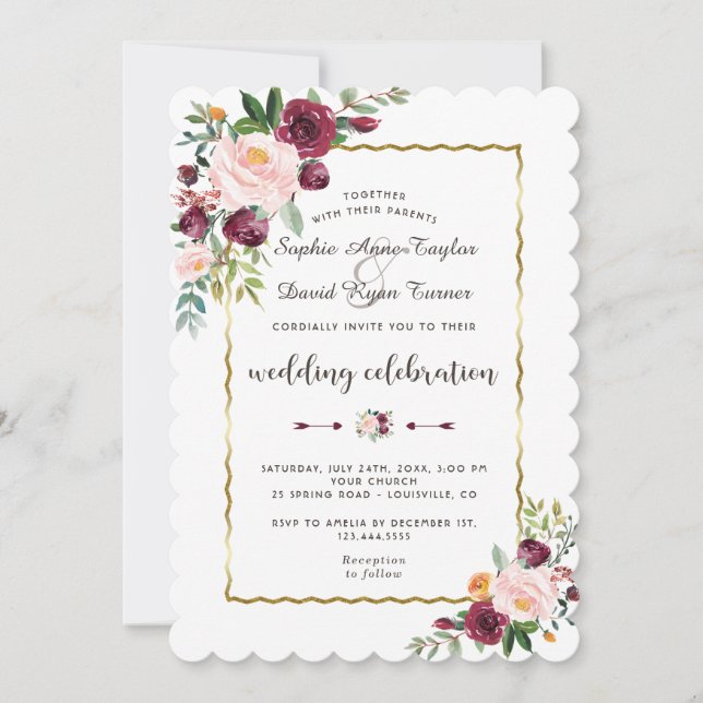 Glam Gold Burgundy Blush Blomflorale Hochzeit Einladung (Vorderseite)