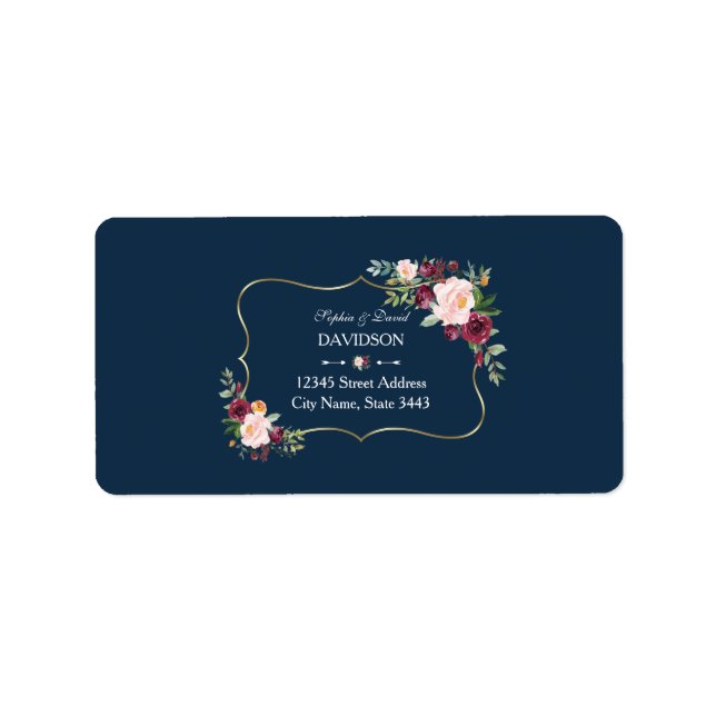 Glam Gold Burgundy Blush Bloral Navy Blue Wedding Adressaufkleber (Vorne)