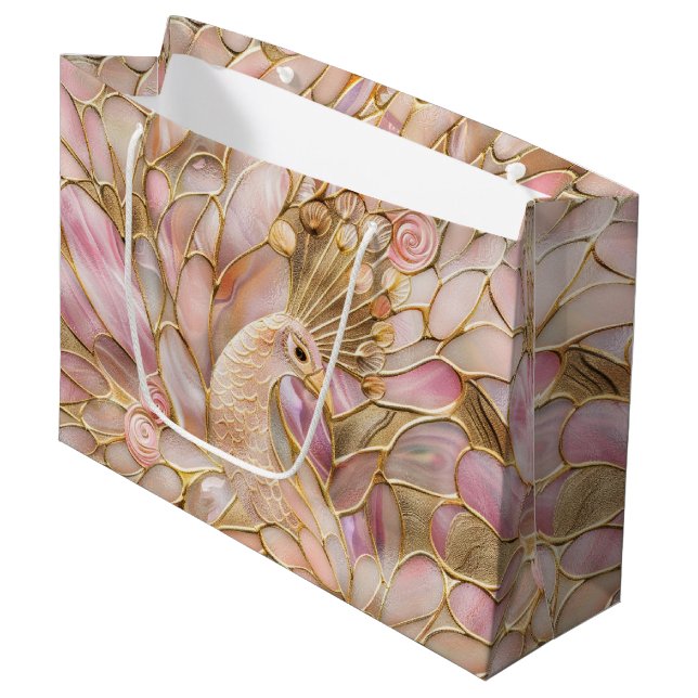 Glam Gold Chic Pink Peacock Große Geschenktüte (Vorderseite Schrägansicht)