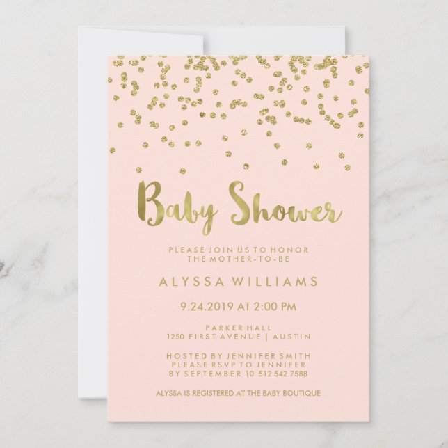 Glam Gold Confetti Babydusche auf Rosa Einladung (Vorderseite)