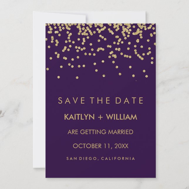 Glam Gold Confetti und Deep Lila Save the Date (Vorderseite)