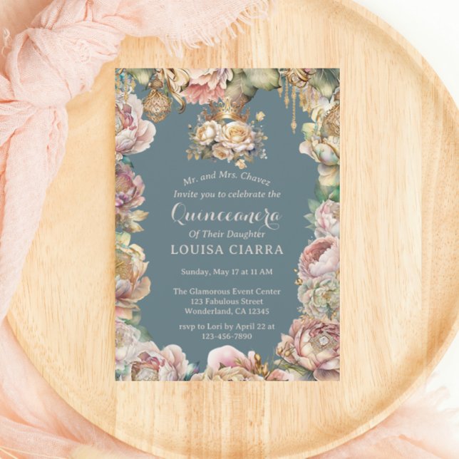 Glam Gold Crown Diamond Blume Quinceanera Einladung (Von Creator hochgeladen)