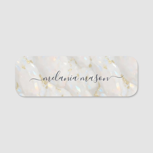 Glam Gold Elegante Opal Stone Gemstone Namensschild (Vorderseite)