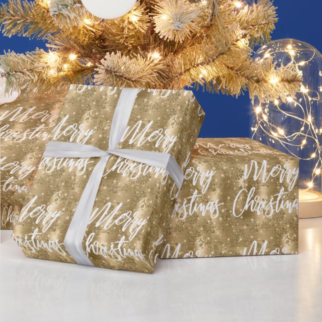 Glam Gold Floral Glitzer Frohe Weihnachtsschrift Geschenkpapier (Feiertage)