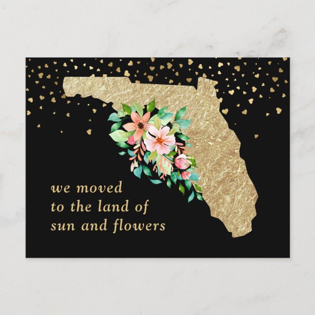 Glam Gold Florida Map Floral Moving Ankündigungspostkarte (Vorderseite)