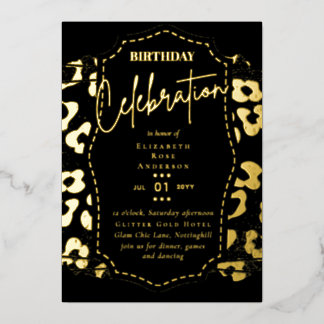 Glam Gold Foil Animal Print Girl Black Birthday Folieneinladung