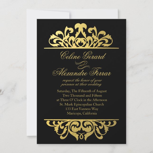 Glam Gold Foil Blüh Wedding | Schwarzes Gold Einladung (Vorderseite)