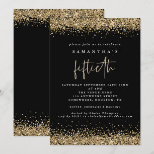 Glam Gold Glitter Fünfzigste Party Schwarz Einladung