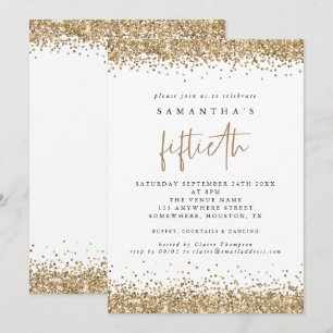 Glam Gold Glitter Fünfzigste Party Weiß Einladung
