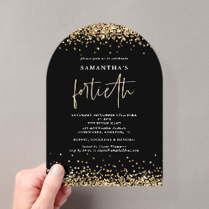 Glam Gold Glitter Vierzigste Party Schwarz Acryleinladungen