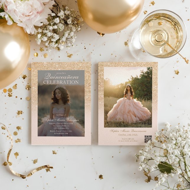 Glam Gold Glitzer 2 Fotos Qr blush Quinceañera Einladung (Glam Gold Glitter 2 photos Qr blush Quinceañera Invitation)