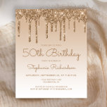 Glam Gold Glitzer 50. Geburtstag Einladung<br><div class="desc">Dieses trendige 50. Geburtstagsjubiläum besticht durch eine funkelnd goldene Imitat Glitzer Tropfen-Grenze und einen farbenfrohen Hintergrund. Die Wörter "50. Geburtstag" und der Name des Ehrengast erscheinen in lässiger Goldschrift,  mit der Erholung des anpassbaren Textes in goldenen Sans Serif Schriftart. Das gleiche goldene Glitzer Tropfen Design erscheint auf der Rückseite.</div>
