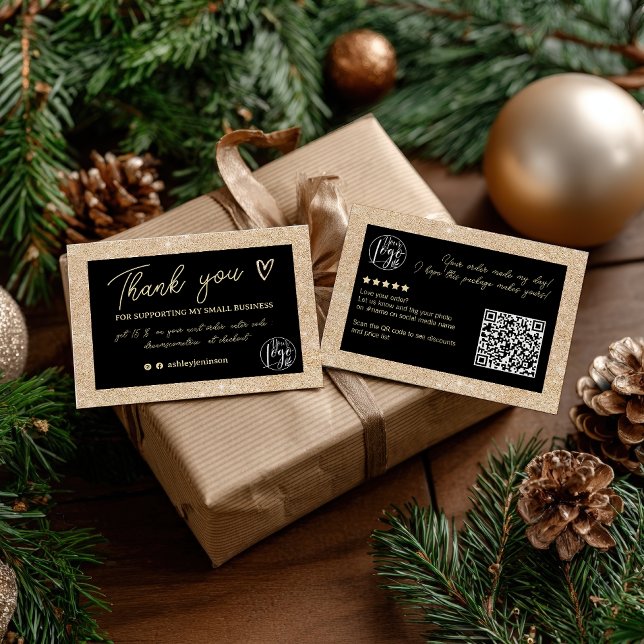 Glam Gold Glitzer Black Order Logo danke Visitenkarte (Glam Gold Glitter Black order logo thank you qr Business Card)