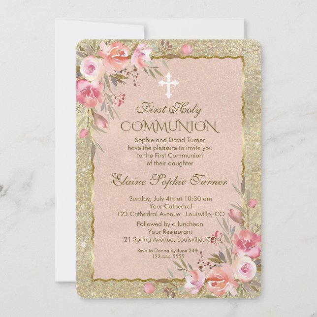 Glam Gold Glitzer Blush Floral Erste Kommune Einladung (Vorderseite)