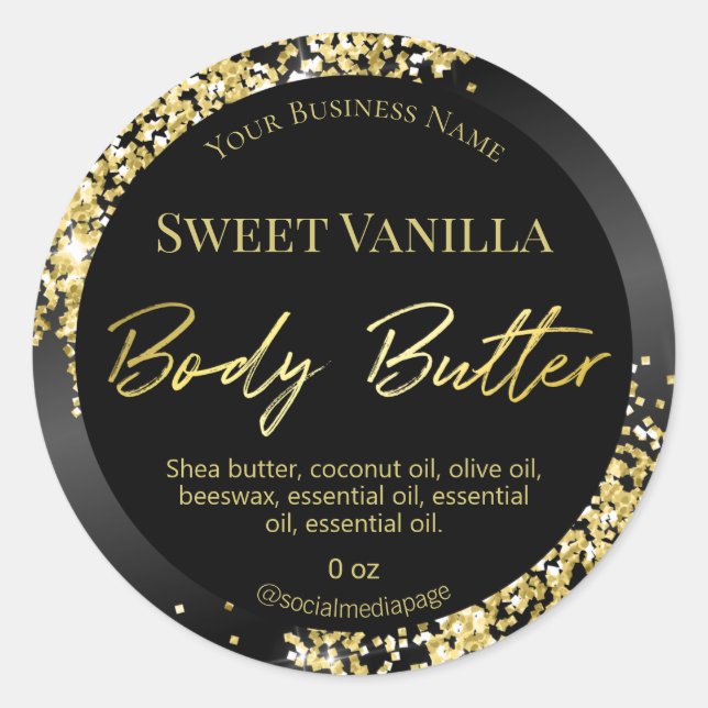 Glam Gold Glitzer Body Butter Labels Runder Aufkleber (Vorderseite)
