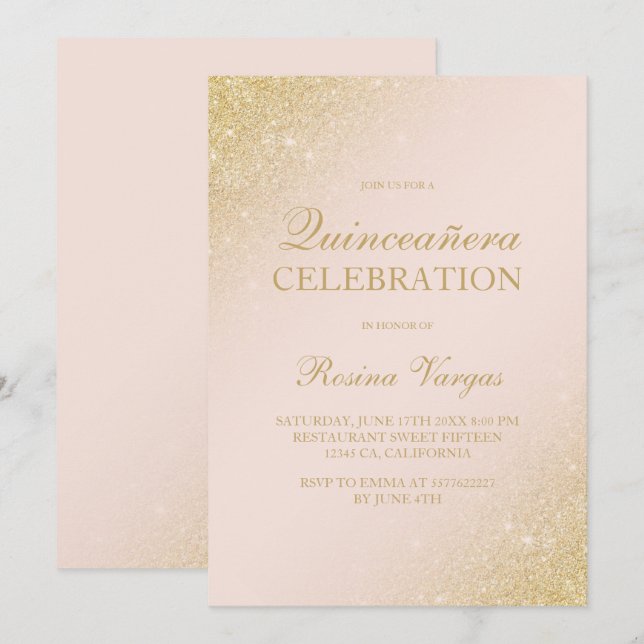 Glam Gold Glitzer Drehbuch rot Rosa Quinceanera Einladung (Vorne/Hinten)