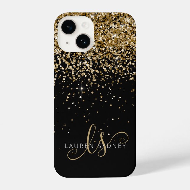 Glam Gold Glitzer Elegantes Monogramm iPhone 14 Hülle (Rückseite)