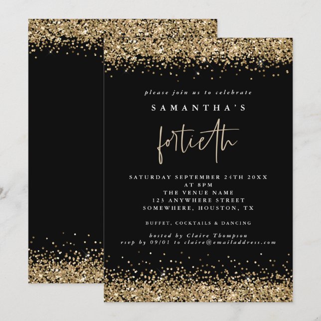 Glam Gold Glitzer Fortieth Party Black Einladung (Vorne/Hinten)