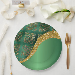 Glam Gold Glitzer Green Metallic Wedding Pappteller