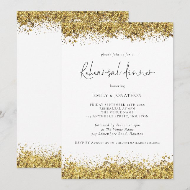 Glam Gold Glitzer Hochzeit Probe Dinner Einladung (Vorne/Hinten)
