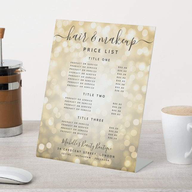 Glam Gold Glitzer Lights Salon Preismenü  Sockelschild (In SItu)