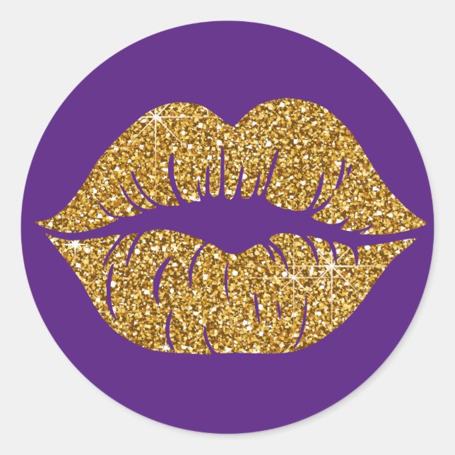 Glam Gold Glitzer Lipno Lila Runder Aufkleber (Vorderseite)