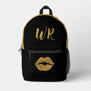 Glam Gold Glitzer Lips on Black Initials Bedruckter Rucksack