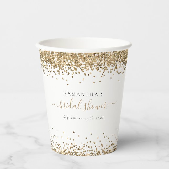 Glam Gold Glitzer Name Date Brautparty Pappbecher (Vorderseite)