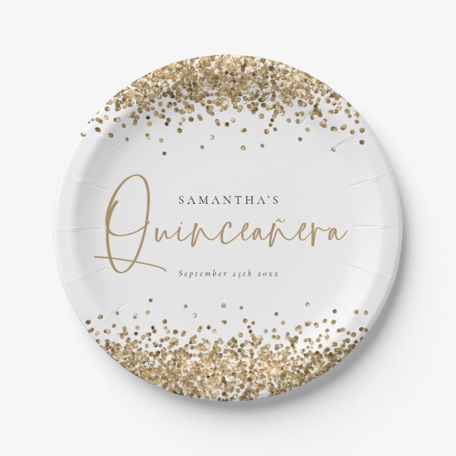 Glam Gold Glitzer Name Datum Quinceañera 15. Party Pappteller (Vorderseite)