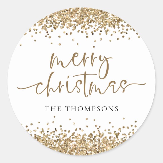 Glam Gold Glitzer Name Frohe Weihnachten Runder Aufkleber (Vorderseite)
