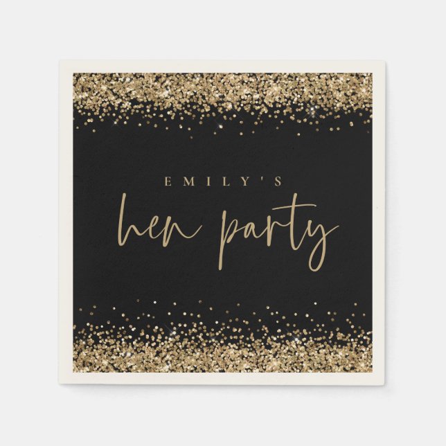 Glam Gold Glitzer Name Hen Party Black Serviette (Vorderseite)