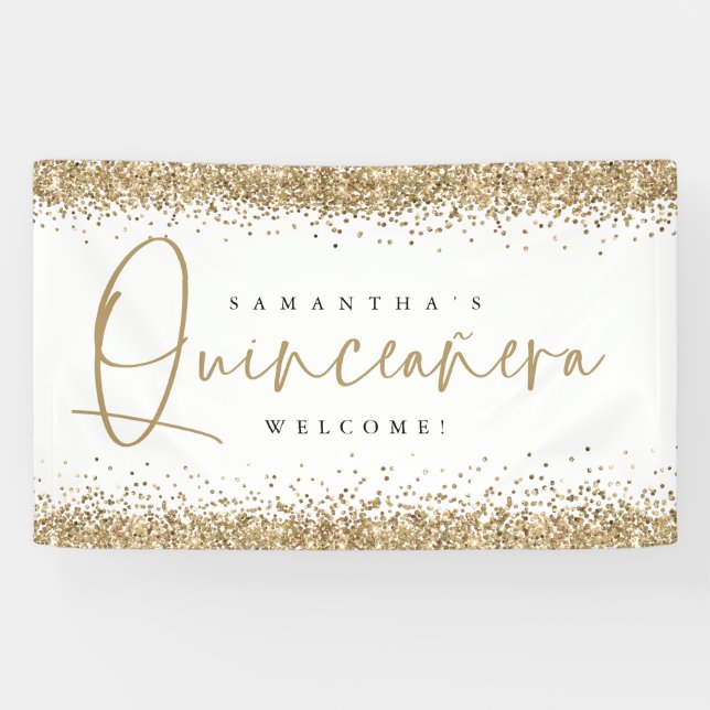 Glam Gold Glitzer Name Welcome Quinceañera Banner (Horizontal)