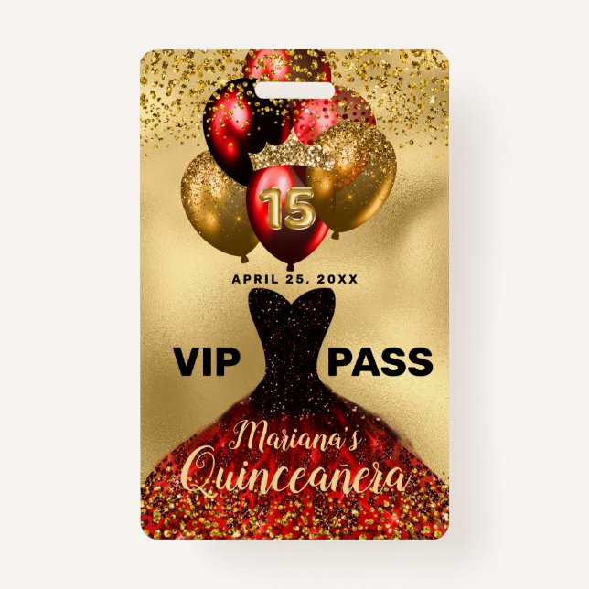 Glam Gold Glitzer Red Dress Quinceanera VIP Abzeic Ausweis (Vorderseite)